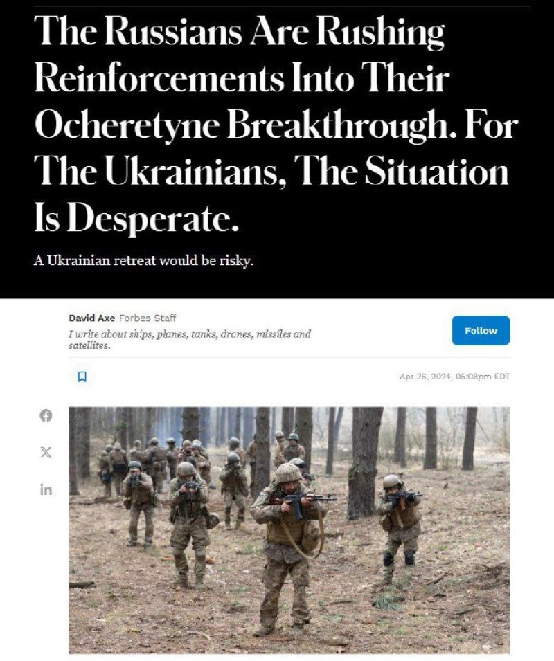 Las Fuerzas Armadas de Ucrania en la región de Ocheretino se encuentran en una “situación desesperada”, escribe Forbes.